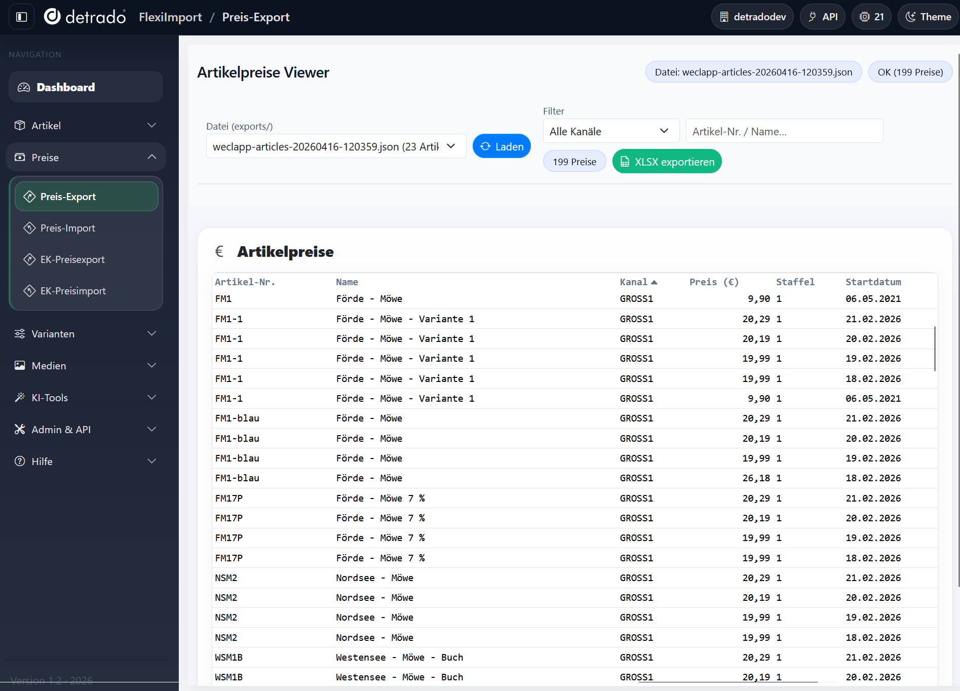 Artikelpreise Export